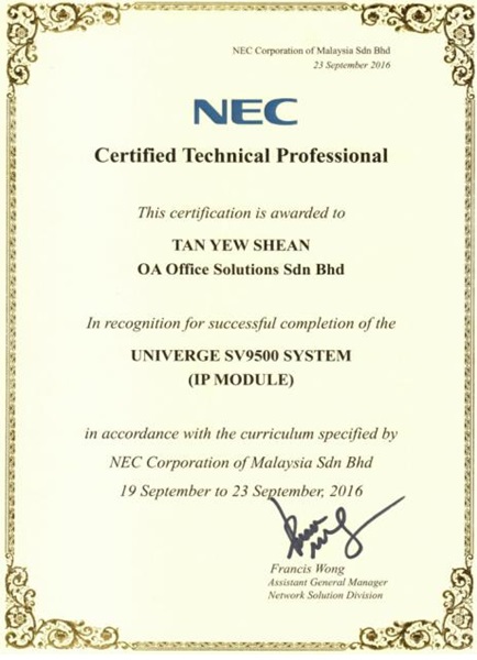 NEC Certificate of Technical Professional (2016)