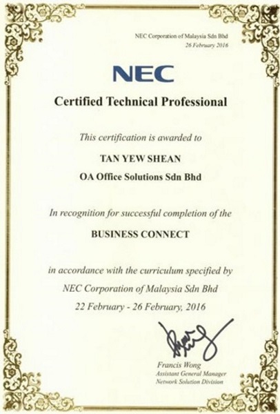 NEC Certificate of Technical Professional (2016)