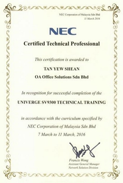 NEC Certificate of Technical Professional (2016)