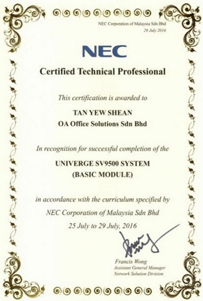 NEC Certificate of Technical Professional (2016)