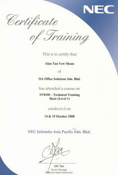 NEC Certificate of Training (2008)
