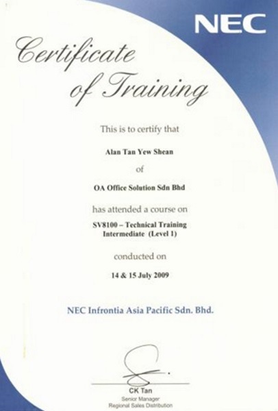 NEC Certificate of Training (2009)