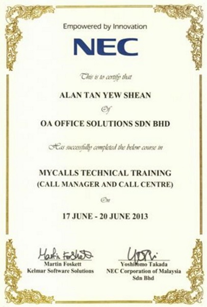 NEC Certificate of Mycalls Technical Training (2013)