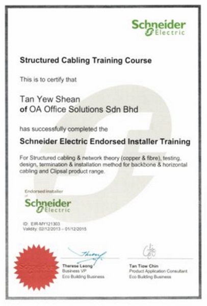 Certificate of Schneider Electric Training (2013 - 2015)