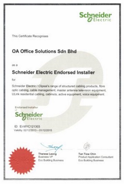 Certificate of Schneider Electric Endorsed Installer (2013 - 2015)