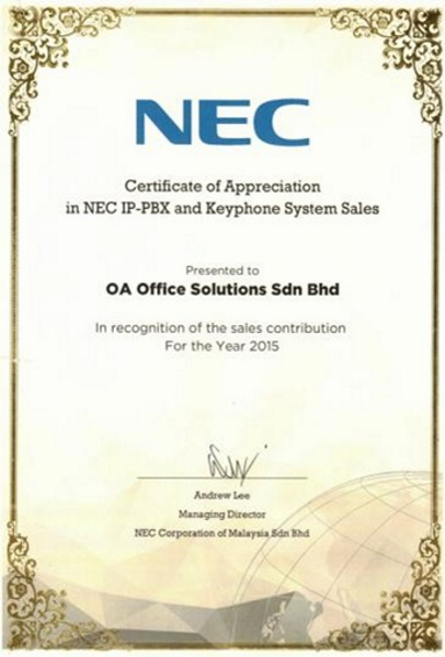Certificate of Appreciation (2015)