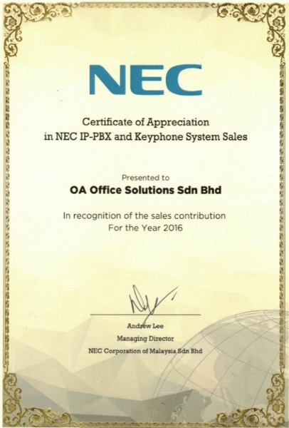 Certificate of Appreciation (2016)