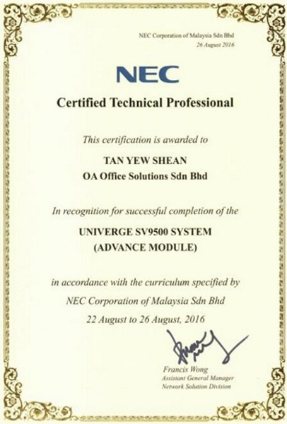 NEC Certificate of Technical Professional (2016)